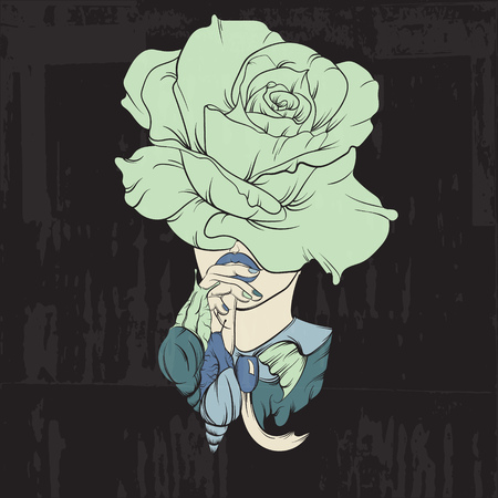Vector illustration made in realistic hand drawn line style.Creative portrait of girl with flowers instead head and snails. Template for card poster banner print for t-shirtのイラスト素材