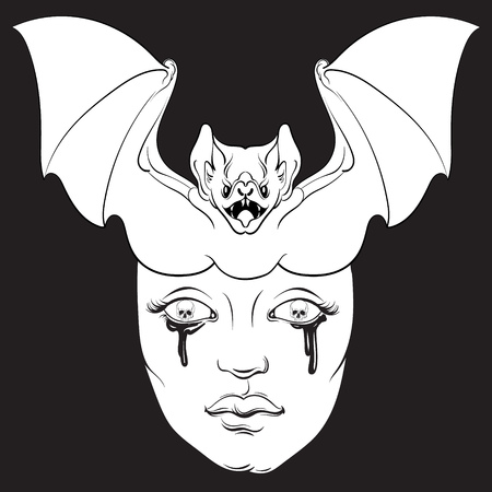 Vector illustration in hand drawn realistic style with skull and bat. Template for poster banner card print for t-shirt. Dark fashion artworkのイラスト素材