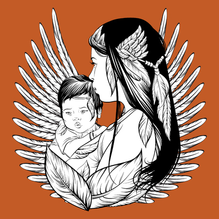 Vector illustration of skvo woman with child and feather. Hand drawn line realistic romantic style artwork. Template for card poster banner print for t-shirt.のイラスト素材