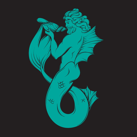 Vector hand drawn illustration of triton in realistic line style. Mythology artwork. Template for card poster bannerprint for t-shirt.のイラスト素材