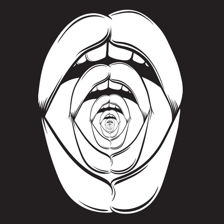 Vector illustration of weird open screaming mouth made in hand drawn realistic line style. Surrealism psychodelic artwork. Template for postcard badge banner and posterのイラスト素材