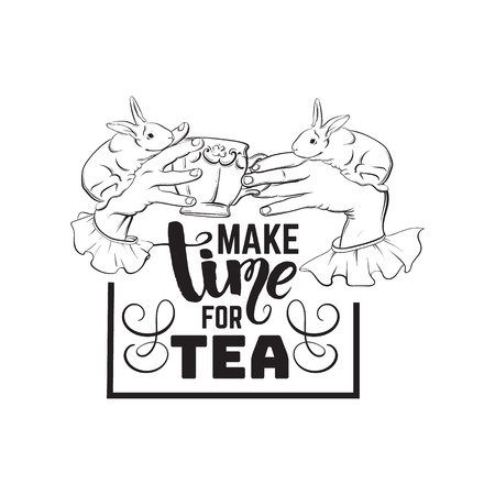 Quote typographical background about tea with hand drawn illustration of hands with cup and rabbits. Vector template for business card poster banner print.のイラスト素材