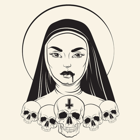 Nun with human skull blood and crossのイラスト素材
