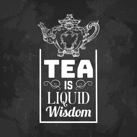 Quote typographical background about tea with hand drawn illustration of vintage barocco teapot. Vector template for business card poster banner print.のイラスト素材