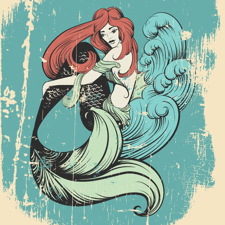 Vector illustration of beautiful mermaid with long hair and sea waves mad in realistic hand drawn sketch line stile. Template for postcard poster banner and print for t-shirtのイラスト素材