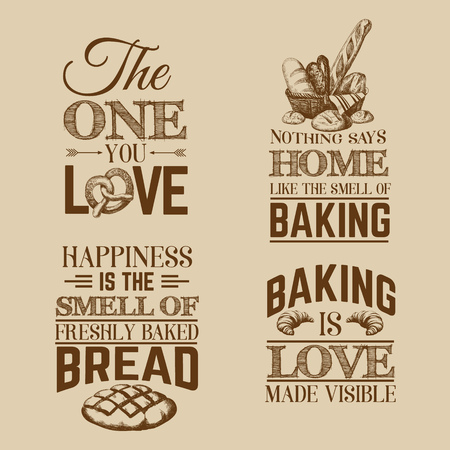 Quote typographical background about bread with hand drawn sketch realistic style illustration of  croissant, pretzel, bread basket. Template for business caed poster banner and print for t-shirt.のイラスト素材