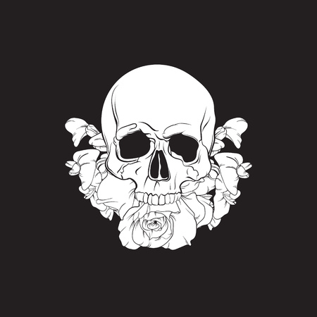 Vector illustration of realistic  human skull with flowers made in hand drawn line style. Template for postcard banner poster and print for t-shirtのイラスト素材