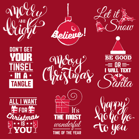 Set of christmas and new year quote typographical background with hand drawn icons of ball present box glasses. Vector template for postcard poster banner print for t-shirtのイラスト素材