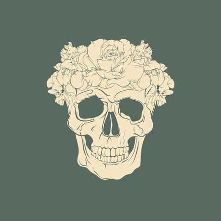 Vector illustration of realistic human skull with flowers made in hand drawn line style. Template for postcard banner poster and print for t-shirtのイラスト素材