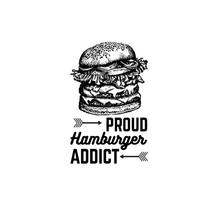 Typographical vector quote background about fast food. Illustration of burger in hand drawn sketch realistic style template for card banner poster print for t-shirt.のイラスト素材