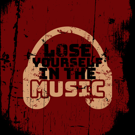 Vector quote typographical background about music with silhouette of headphones. Vintage texture. Template for card banner poster and print for t-shirt.のイラスト素材