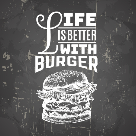 Vector quote typographical background about fast food. Illustration of burger in hand drawn sketch realistic style. Template for card banner poster print for t-shirtのイラスト素材