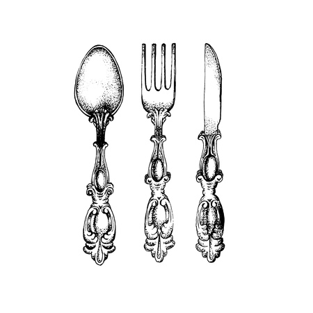 Vector illustration of vintage spoon fork and knife made in hand drawn sketch style. Template for business card poster banner and flyer.のイラスト素材