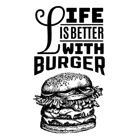 Vector quote typographical background about fast food. Illustration of burger in hand drawn sketch realistic style. Template for card banner poster print for t-shirtのイラスト素材