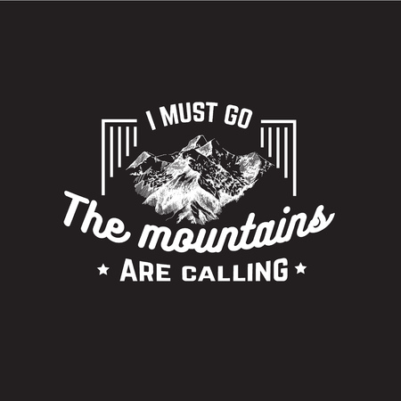 I must go. The mountains are calling. Vector quote typographical background about mountains with sketch. Hand drawn illustration. Template for card banner poster.のイラスト素材