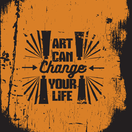 Quote typographical background about art and painting with silhouette  of brush, oil tube . Vector template for card banner and poster with vintage texture.のイラスト素材