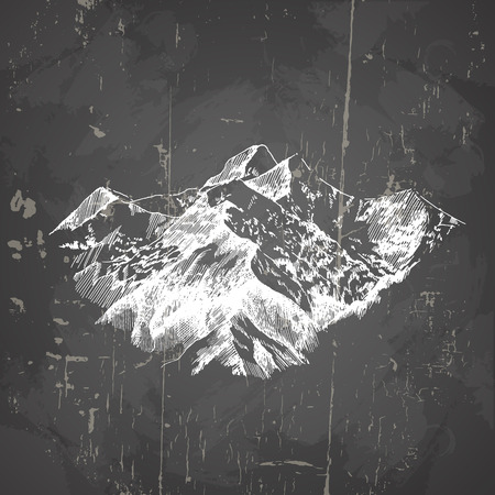 Vector illustration of mountains in hand drawn sketch style. Template for card poster banner with vintage texture.のイラスト素材