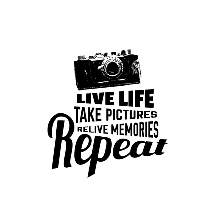 Quote typographical background about photography with illustration of camera in hand drawn sketch style. Template for card poster and banner in vintage style. Vintage texture.のイラスト素材