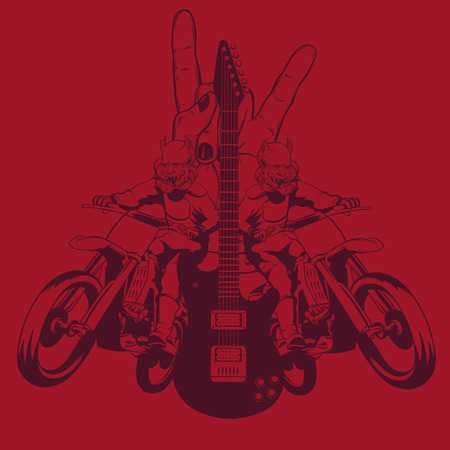 Vector hand drawn illustration of guitar , racers and rock hand . Tattoo artwork.  Template for card, poster, banner, print for t-shirt, label.のイラスト素材