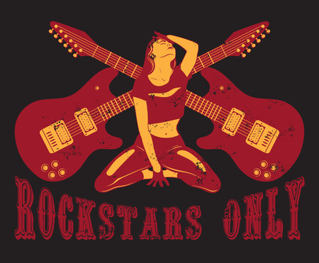 Vector hand drawn illustration of guitar and handwritten lettering. Tattoo artwork. Realistic  portrait of young pretty girl. Template for card, poster, banner, print for t-shirt, label.のイラスト素材