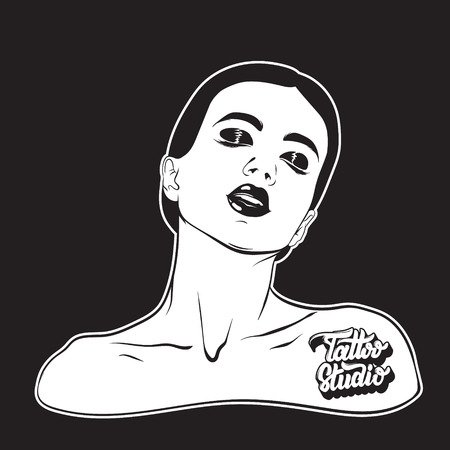 Vector hand drawn illustration of young beautiful woman. Realistic portrait of pretty girl with handwritten lettering "Tattoo studio". Template for card, poster, banner, print for t-shirt, label, textiles.のイラスト素材