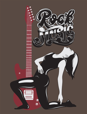 Vector hand drawn illustration of guitar and handwritten lettering. Tattoo artwork. Realistic  portrait of young pretty girl. Template for card, poster, banner, print for t-shirt, label.のイラスト素材