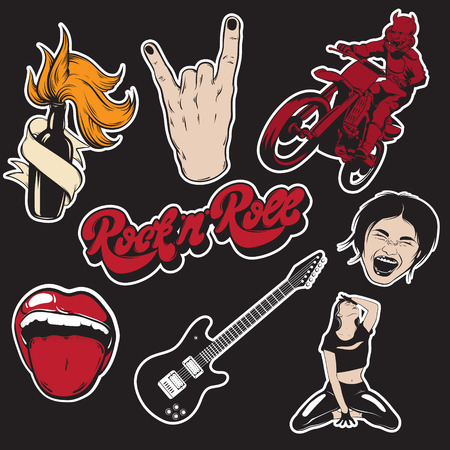 Vector hand drawn collection of pins and fashion badges.Rock n' Roll with guitar and motorcycle.   Template for card, poster, banner, print for t-shirtのイラスト素材