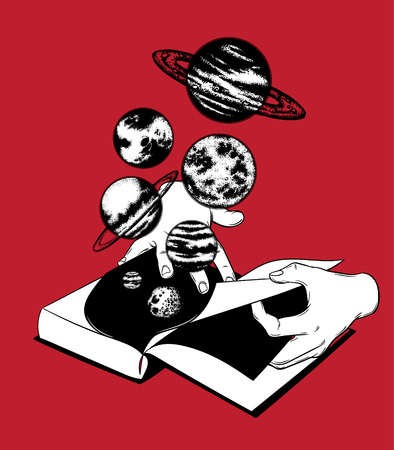 Vector hand drawn illustration of female hands flipping the book. Tattoo artwork . Template for card, poster, banner, print for t-shirt, label.のイラスト素材