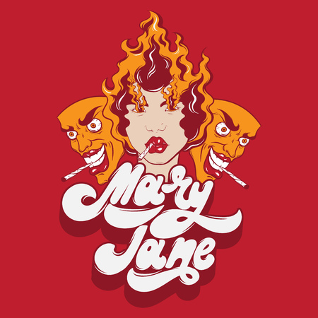 Mary Jane. Vector handwritten lettering. Hand drawn illustration of girl with fire. Surreal portrait.  Template for card, poster, banner, print for t-shirt ,pin, badge.のイラスト素材