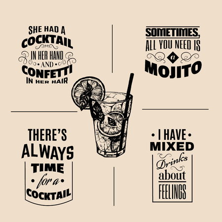 Collection of quote about cocktail drinks typographical backgrounds in hand drawn sketch of mojito with slice of lime and straw. Bar menu design.のイラスト素材