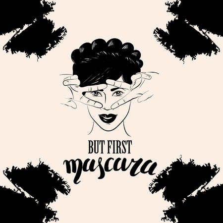But first mascara.Vector hand drawn illustration of woman in street art design with unique hand writing lettering. Female portrait with fingers. Template for card, banner, poster, t-shirt, sweatshirt, bag, shop, market.のイラスト素材