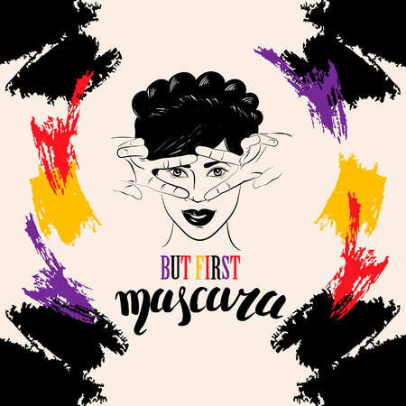But first mascara vector hand drawn illustration of woman in street art design with unique hand writing lettering. Female portrait with fingers. Template for card, banner, poster, t-shirt, sweatshirt, bag, shop, market.のイラスト素材