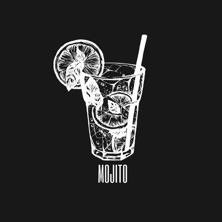 Mojito glass isolated vector illustration of alcoholic cocktail. Hand drawn sketch of mojito with slice of lime and straw. Bar menu design cocktail party icon template for card poster.のイラスト素材