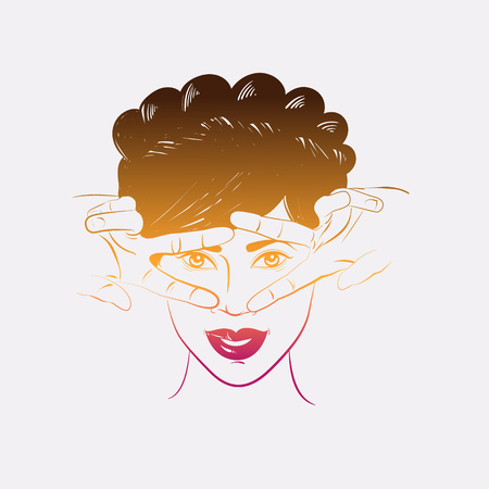 Hand drawn vector illustration of woman in street art design. Female portrait with fingers young face. Template for business card, banner, poster, t-shirt, sweatshirt, bag, shop, market.のイラスト素材