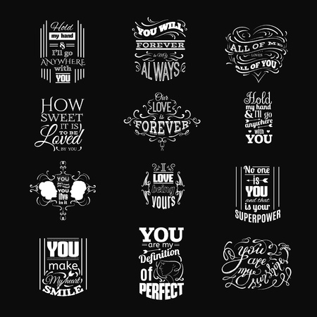 Collection of quote typographical background with unique hand drawn elements curls and swirls. Illustration of female and male profile, unique lettering vector template for cards posters and banners.のイラスト素材