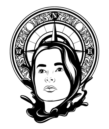 Vector hand drawn illustration of pretty woman with waves and vintage compass. Creative tattoo artwork. Template for card, poster, banner, print for t-shirt.のイラスト素材