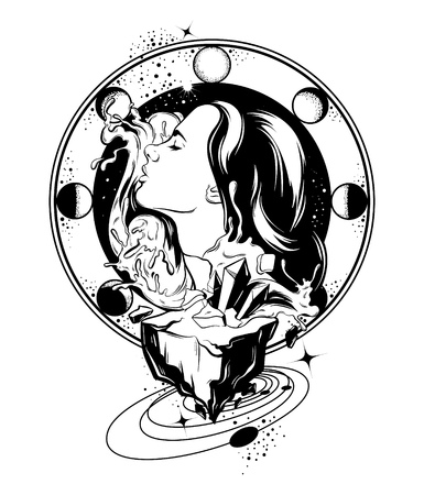 Vector hand drawn illustration of pretty woman with waves and rock. Creative tattoo artwork with galaxy,sun and moon. Template for card, poster, banner, print for t-shirt.のイラスト素材