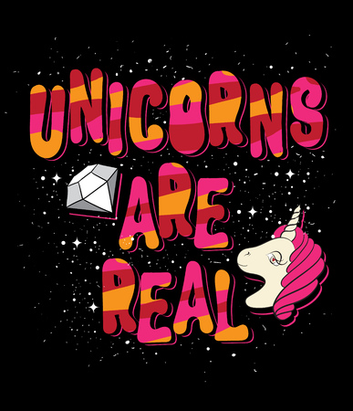 Unicorns are real. Vector handwritten lettering isolated made in 90's style with illustrations.  Template for card, poster, banner, print for t-shirt, pin and badge.のイラスト素材