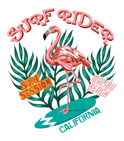 Vector colorful poster with hand drawn illustration of flamingo on surfboard with palm leaves. Template for card, placard, banner, print for t-shirt, pin , badge and patch.のイラスト素材