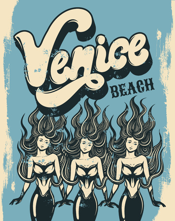 Venice beach. Vector colorful poster with handwritten lettering and hand drawn illustration of mermaid. Template for card, placard, banner, print for t-shirt. のイラスト素材