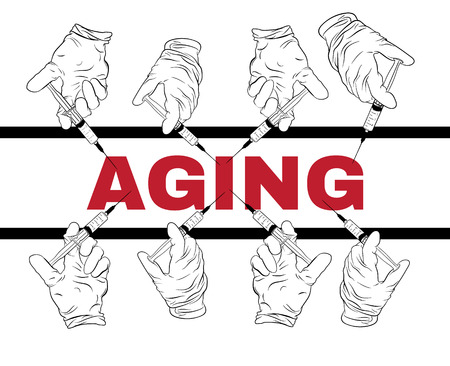 Vector creative poster with hand drawn illustration of human hand with syringe. Template for card, poster, banner, print for t-shirt.のイラスト素材