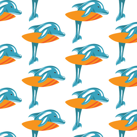 Vector hand drawn colorful pattern with illustration of dolphin with surf.のイラスト素材