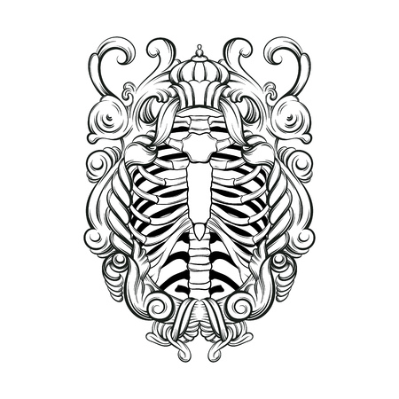 Vector hand drawn illustration of human ribs with baroque frame isolated. Template for card, poster, banner, print for t-shirt, pin, badge, patch. のイラスト素材