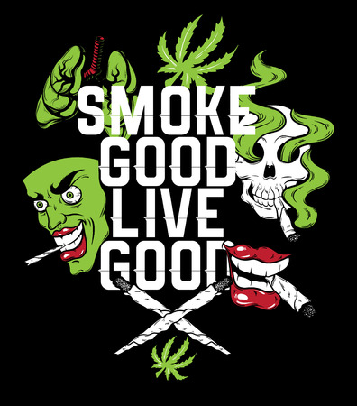 Smoke good live good. Vector quote typographical background about marijuana with hand drawn illustration. Template for card, poster, banner, print for t-shirt.のイラスト素材