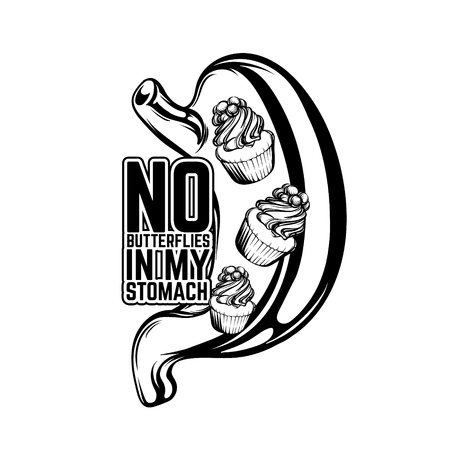 No butterflies in my stomach. Vector quote typographical background with hand drawn illustration of stomach and cupcakes in it.のイラスト素材