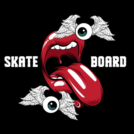 Skateboard. Vector placard with hand drawn surreal illustration of open mouth with skate. Creative colorful sketch. Template for card, poster, banner, print for t-shirt, pin, badge and patch. のイラスト素材