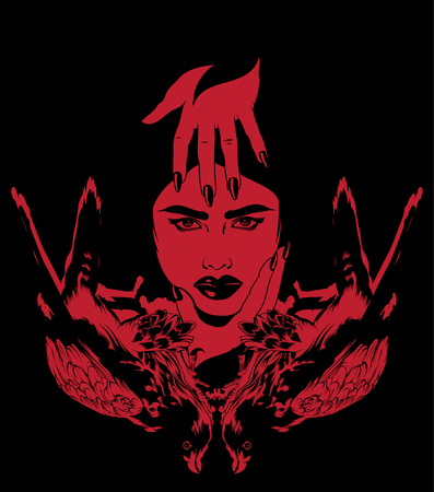 Vector hand drawn illustration of falcon and portrait of angry woman. Surreal tattoo artwork Template for card, poster, banner, print for t-shirt, placard.のイラスト素材