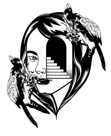 Vector hand drawn illustration of falcon isolated. Surreal tattoo artwork with portrait of girl with stairway.   Template for card, poster, banner, print for t-shirt, placard. のイラスト素材
