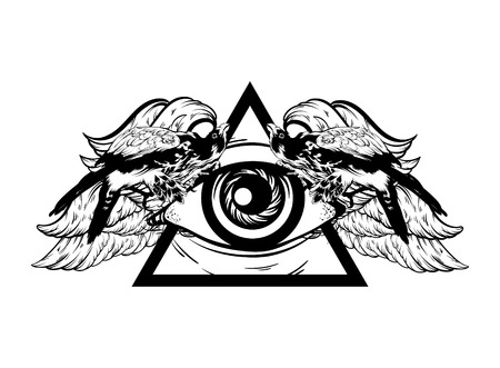 Vector hand drawn illustration of all-seeing eye and falcon isolated.  Surreal tattoo artwork with wings.  Template for card, poster, banner, print for t-shirt, placard. のイラスト素材
