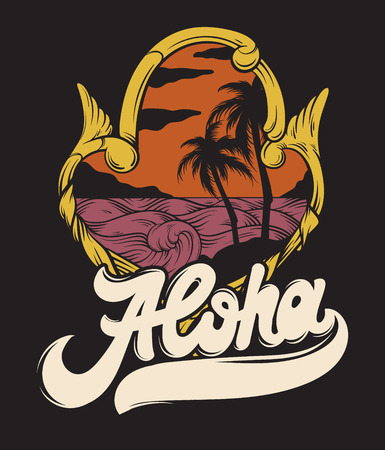Aloha. Vector hand drawn illustration of tropical landscape. Handwritten lettering. Template for card, poster. banner, print for t-shirt, pin, badge, patchのイラスト素材